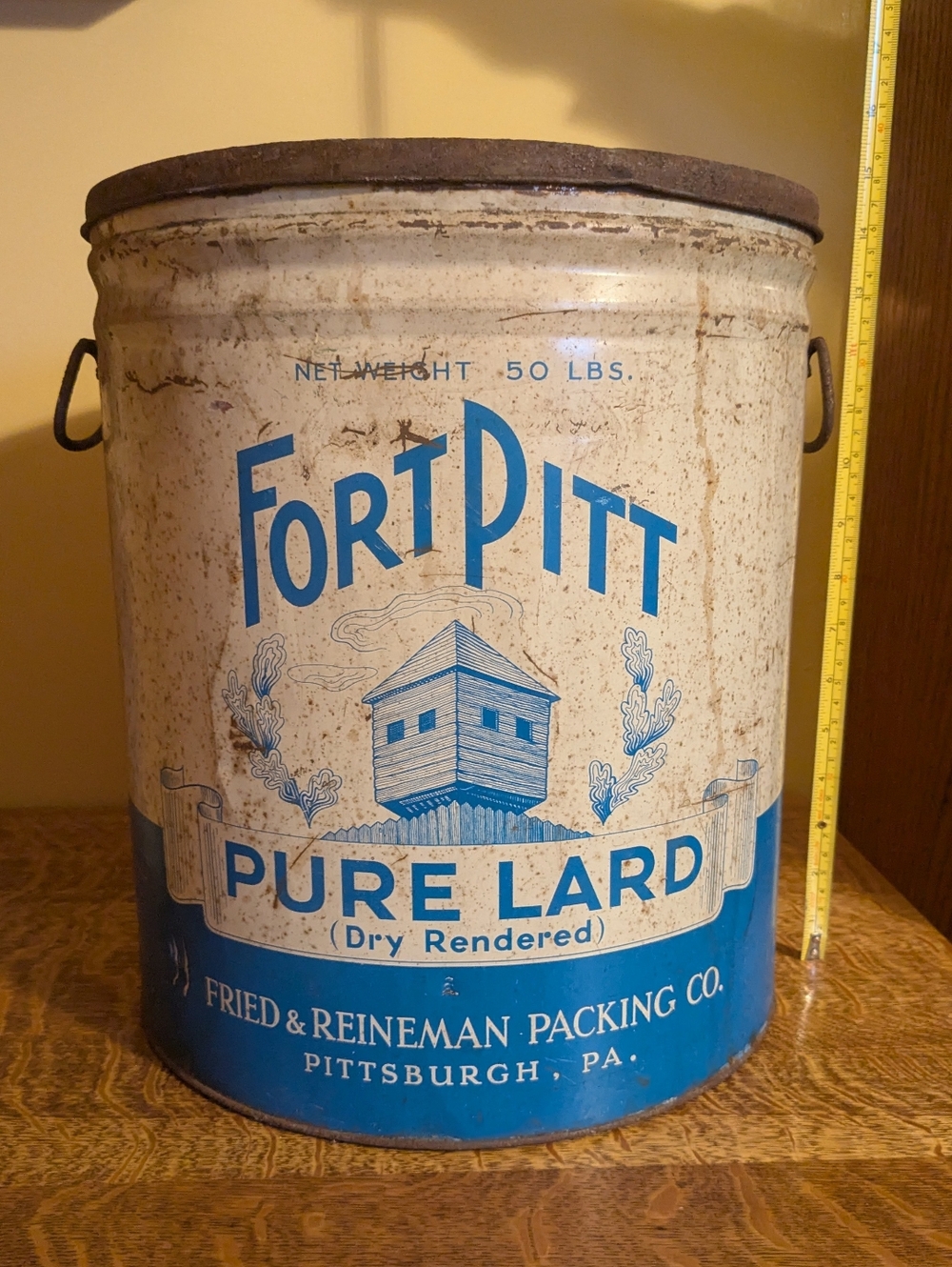 Vintage Fort Pitt Pure Lard Tin 50lb With Lid Bail Handle White Blue Rustic Farm - Picture 9 of 11